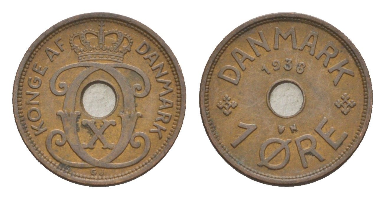 Дания 1 эре 1938 N, Кристиан X (1912-1947) KM 826 бронза 4639-716