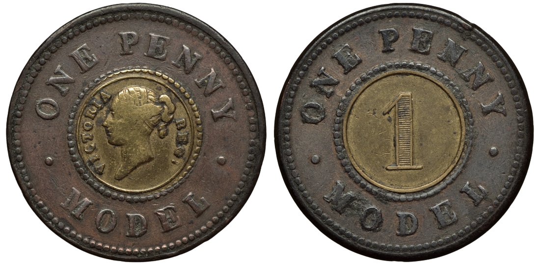 Великобритания 1 пенни ND (1844) модель монеты Виктории в 1 пенни, Джозеф Мур биметалл 1524-335