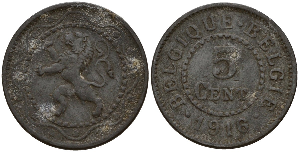 Бельгия 5 сантимов 1916 германская оккупация Первая мировая война, Альберт I (1910-1934) KM 80 цинк 4147-168