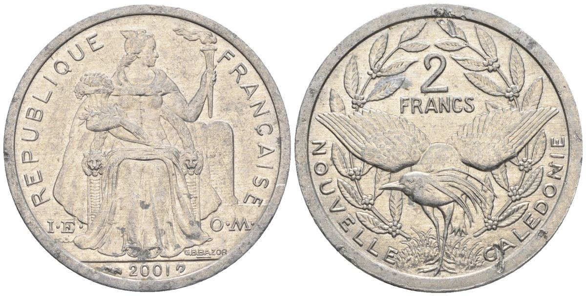 Французская Новая Каледония 2 франка 2001 птица кагу, (IEOM) KM 14, Schoen 11, Lec 68f алюминий    25-854