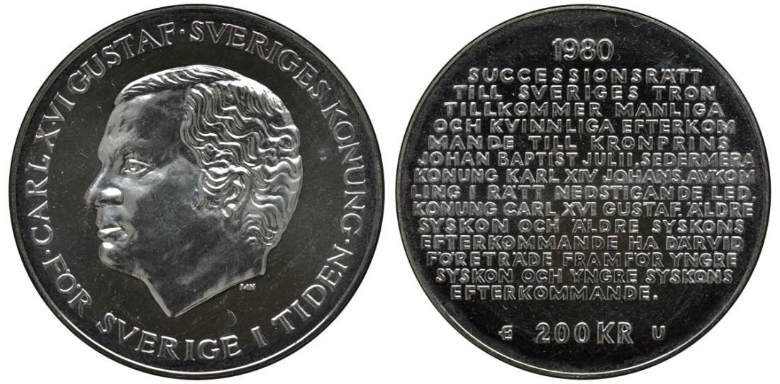 Швеция 200 крон 1980 U, Карл XVI Густав (1973- ), шведский королевский свод законов о престолонаследии KM 860 серебро PROOFLIKE 443-1232