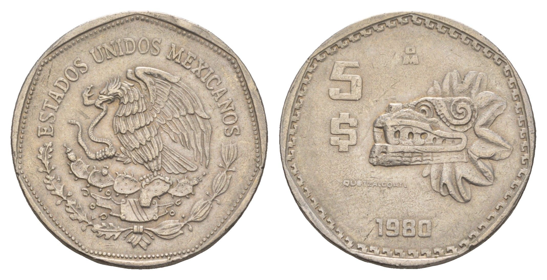 Мексика 5 песо 1980 Мо, бог Кетцалькоатцаль (пернатый змей) KM 485 медно-никель 4656-1227