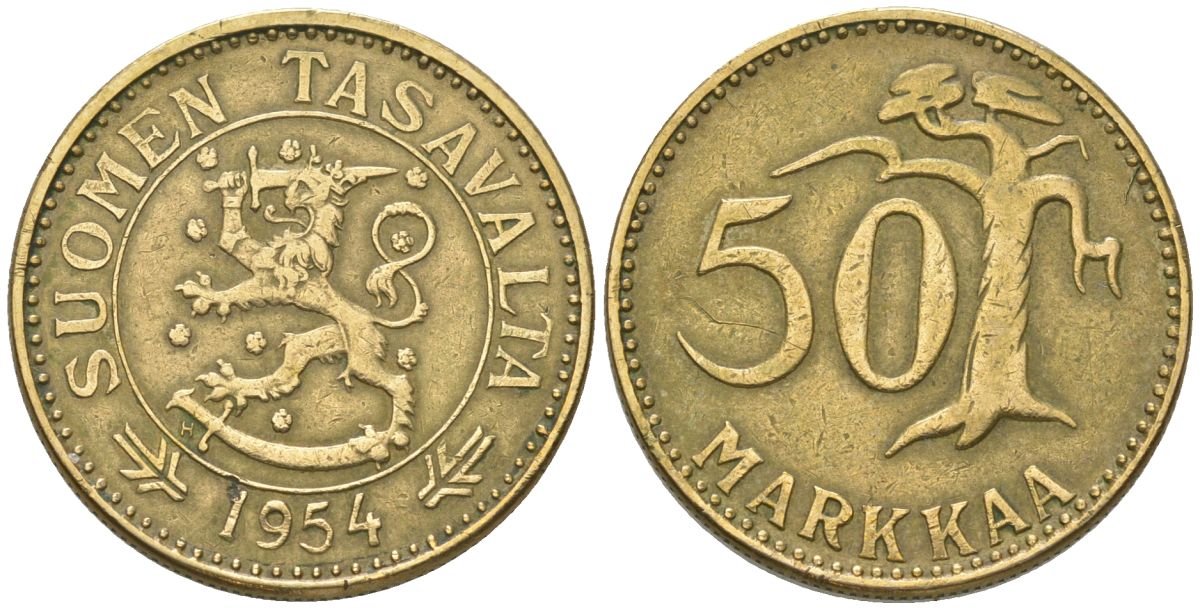 Финляндия 50 марок 1954 H KM 40 алюминиевая бронза 4586-822