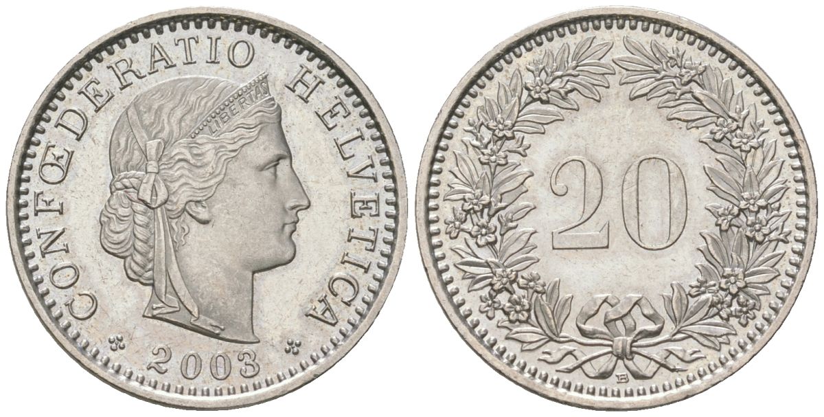 Швейцария 20 раппенов 2003 B KM 29a медно-никель UNC 218-332