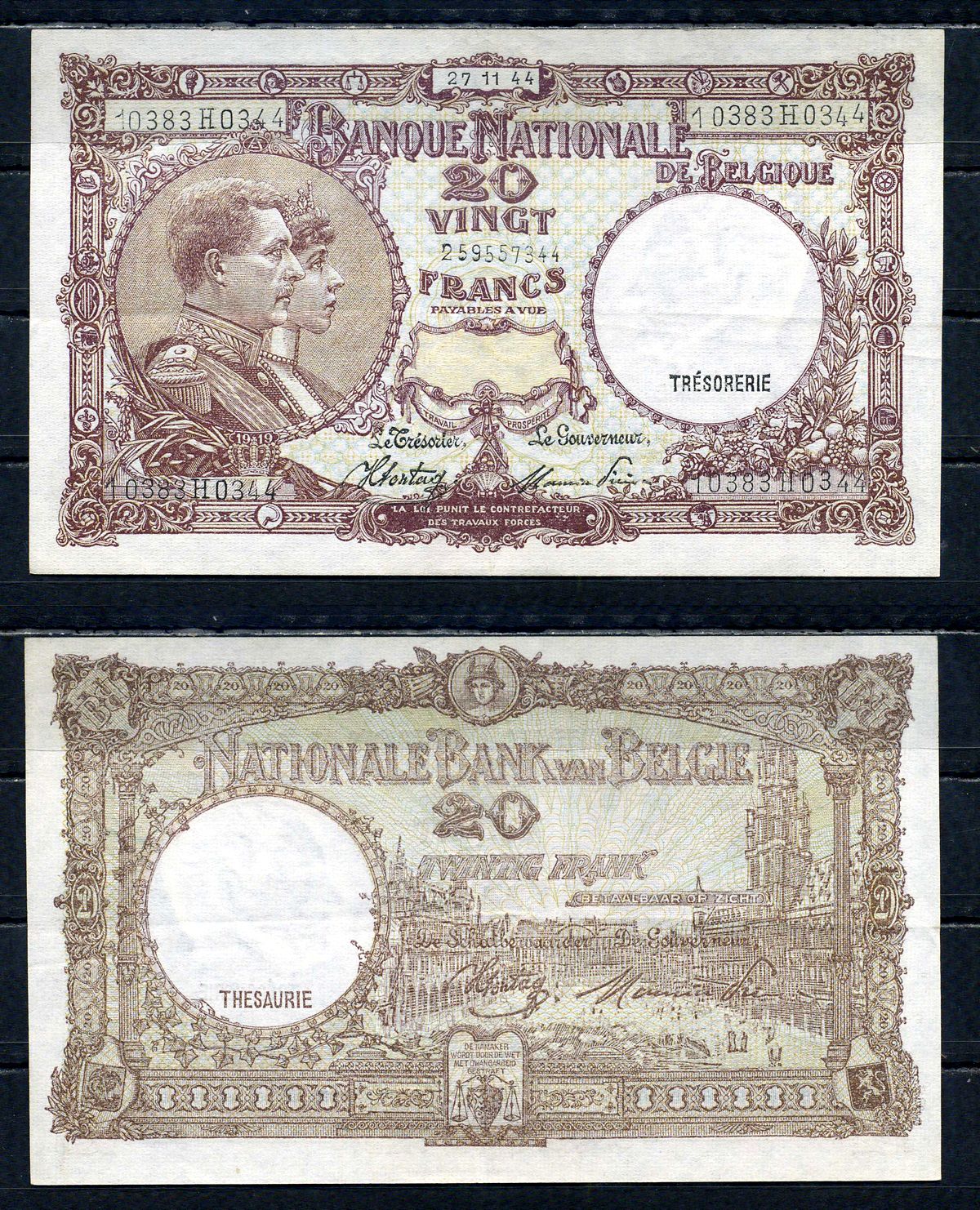 Бельгия 20 франков 1944 27.11.1944, Король Альберт I и его жена Королева Елизавета, Гран-Плас / Гроте Маркт, Брюссель Pick 111 (3) бумага 6301-9-2-2