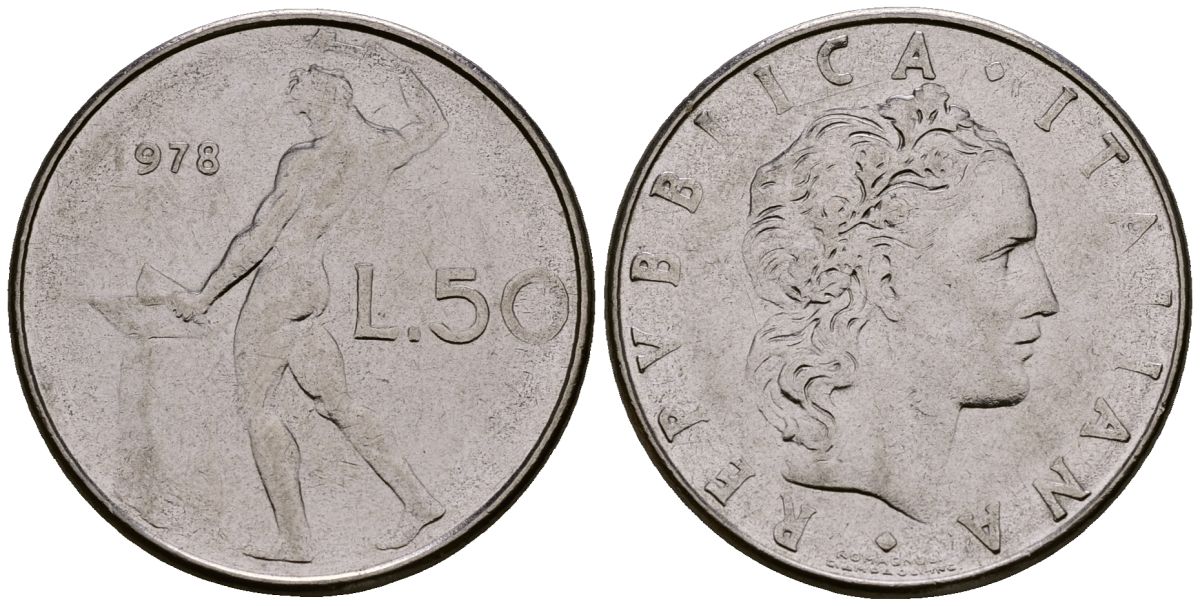 Италия 50 лир 1978 KM 95.1 нержавеющая сталь 4176-244