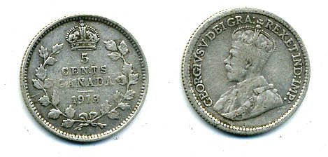 КАНАДА 5 ЦЕНТОВ 1913 ГЕОРГ V серебро 46-557