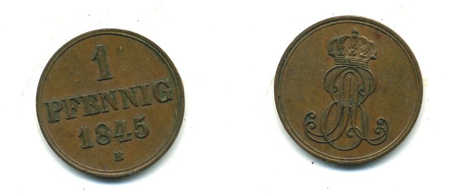Ганновер 1 пфенниг 1845 B, Эрнст Август (1837-1851) KM 201.1, AKS 129, J. 74 медь 35-817