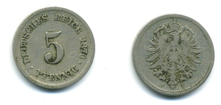 ГЕРМАНИЯ 5 ПФЕННИГОВ 1876 J, СТАРОГЕРБОВКА KM 3, J.3 медно-никель 54-358