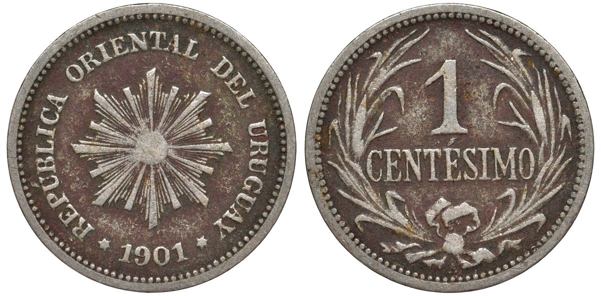 Уругвай 1 сентесимо 1901 KM 19 медно-никель 4169-555