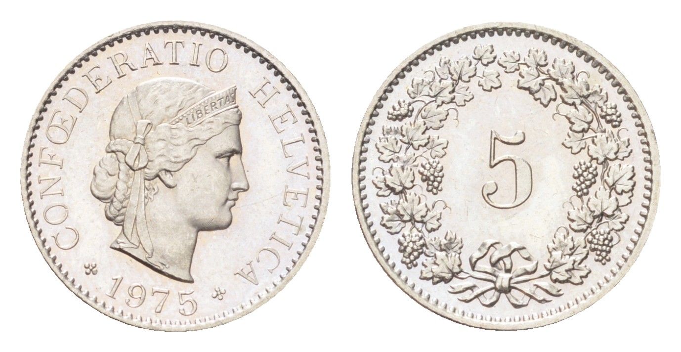 Швейцария 5 раппенов 1975 KM 26 медно-никель UNC 4705-1264