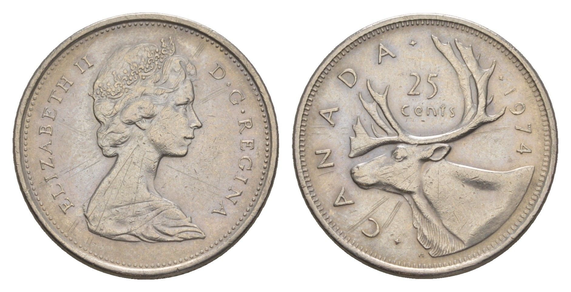 Канада 25 центов 1974 Елизавета II (1952-2022), олень KM 62b никель 4631-922