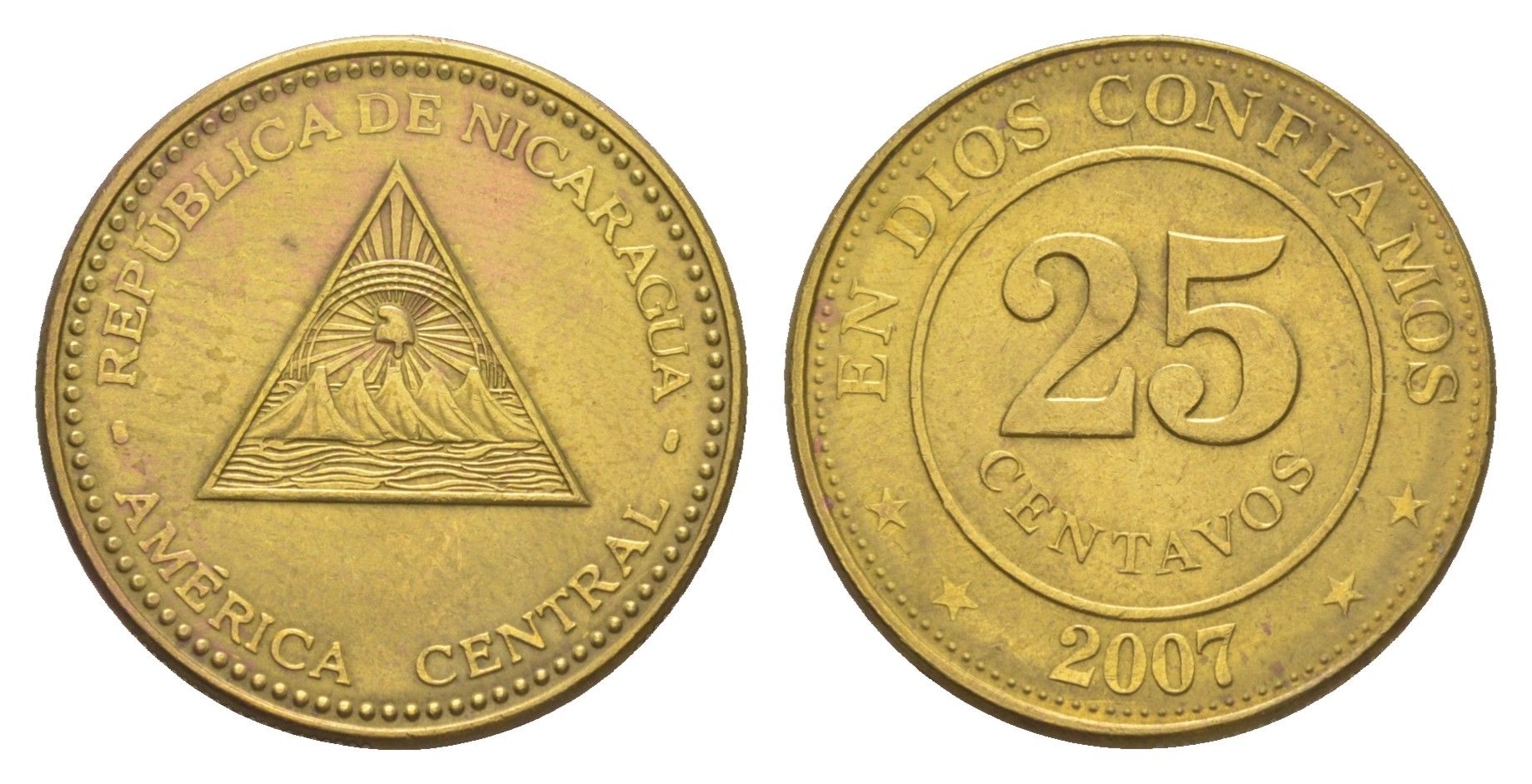 Никарагуа 25 сентаво 2007 KM 104 сталь плакированная латунью UNC 4641-316