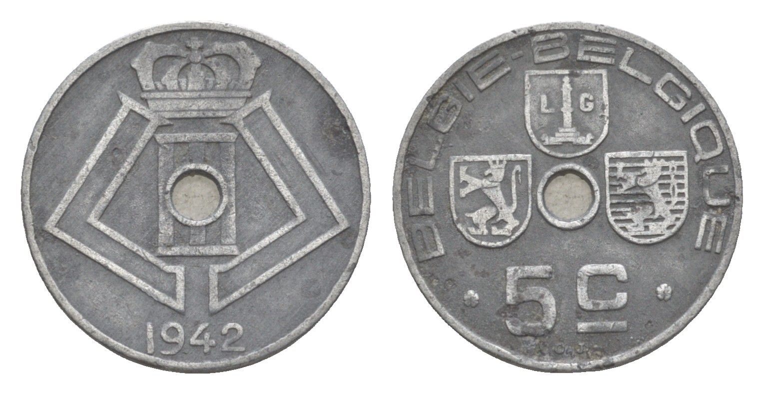 Бельгия 5 сантимов 1942 Belgie - Belgique, Леопольд III (1934-1951), германская оккупация, Вторая мировая война KM 124 цинк 4169-433