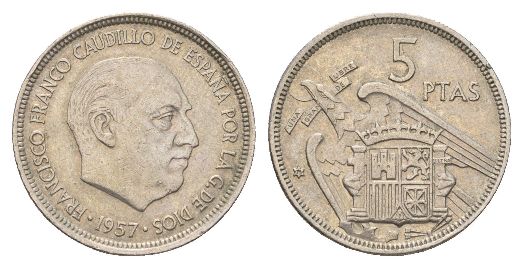 Испания 5 песет 1957 (75) Франсиско Франко (1939-1975) KM 786 медно-никель 4671-1025