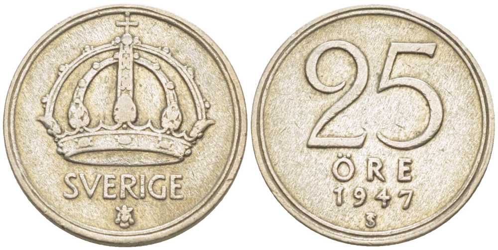 Швеция 25 эре 1947 TS, Густав V (1907-1950) KM 816 серебро 116-1137