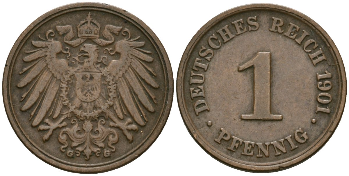 Германия 1 пфенниг 1901 G, Вильгельм II (1888-1918) KM 10, J. 10 медь 4608-225
