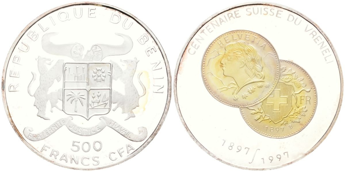 Бенин 500 франков 1997 100 лет Швейцарской Вренели UC 221 серебро PROOF 00-000-00