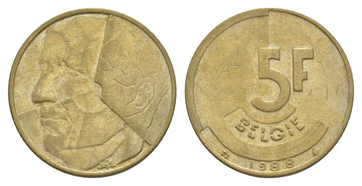 Бельгия 5 франков 1988 Belgie, Бодуэн I (1951-1993) KM 164 медь алюминий никель 4633-833