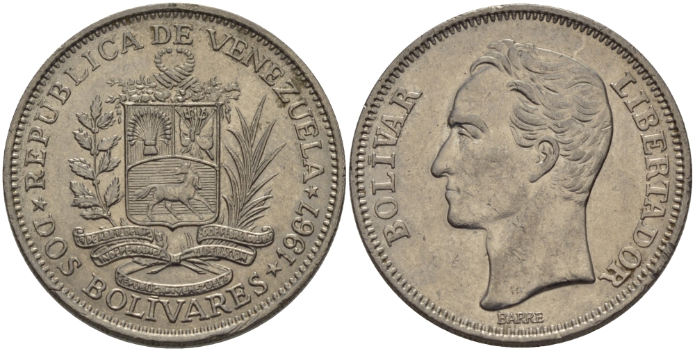 Венесуэла 2 боливара 1967 Симон Боливар KM 43 никель 82-1021