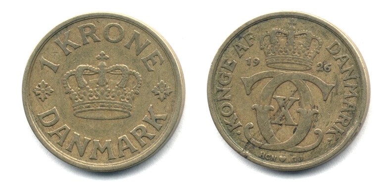 ДАНИЯ 1 КРОНА 1926 HCN ; GJ, КРИСТИАН X (1912-1947) KM 824.1 алюминиевая бронза 25-334