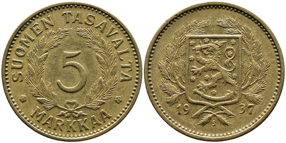 ФИНЛЯНДИЯ 5 МАРОК 1937 S KM 31 алюминиевая бронза 4388-1025