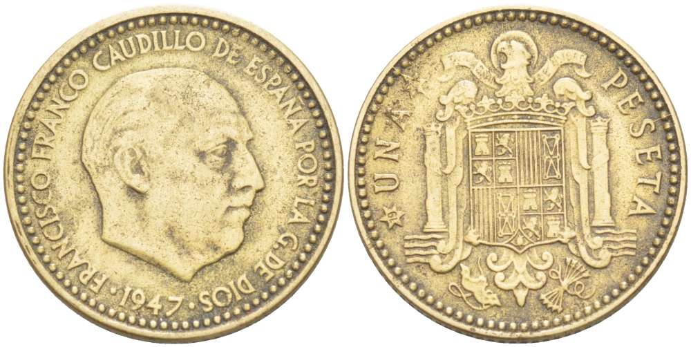 ИСПАНИЯ 1 ПЕСЕТА 1947 ФРАНСИСКО ФРАНКО ДИКТАТОР ИСПАНИИ (1939- 1975) KM 775 алюминиевая бронза 4519-913