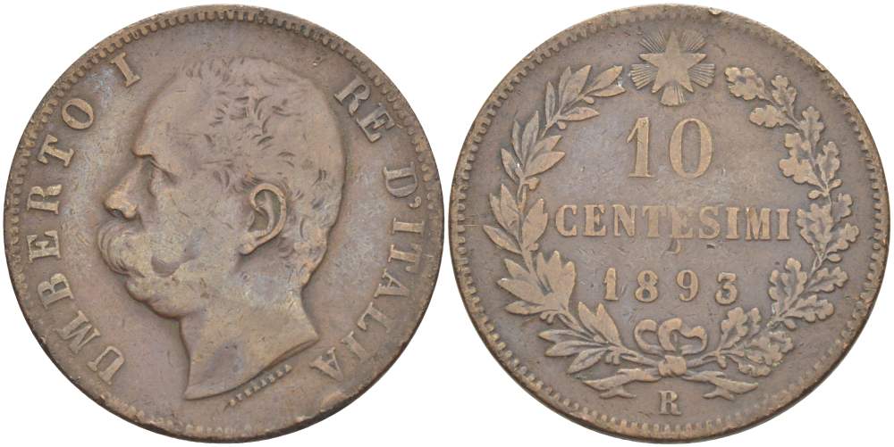 ИТАЛИЯ 10 ЧЕНТЕЗИМО 1893 R, МОНДВОР РИМ, УМБЕРТО I (1878-1900) KM 27.2 медь 4526-925