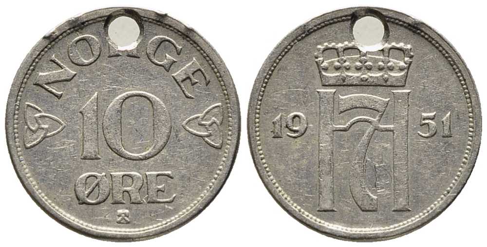 НОРВЕГИЯ 10 ЭРЕ 1951 ХАКОН VII (1905-1957) KM 396 медно-никель 39-1241