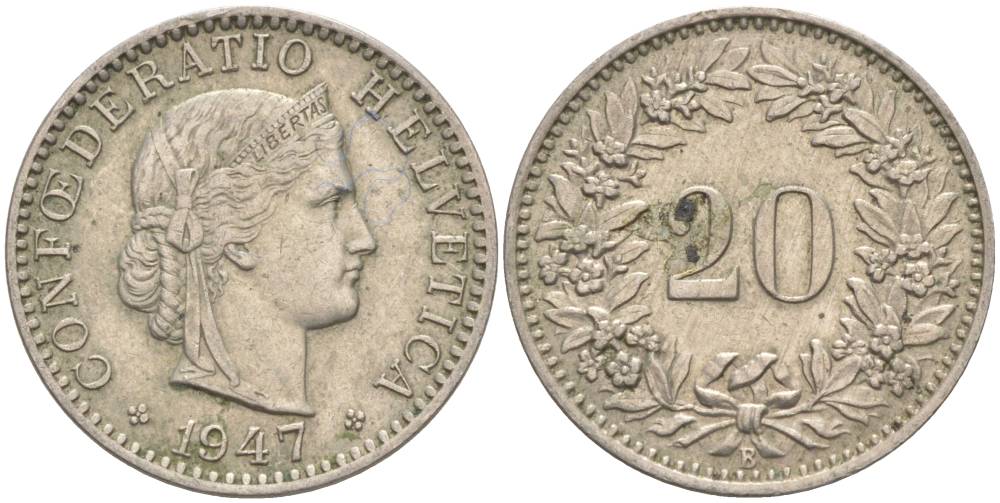 ШВЕЙЦАРИЯ 20 РАППЕНОВ 1947 В KM 29a медно-никель 55-722