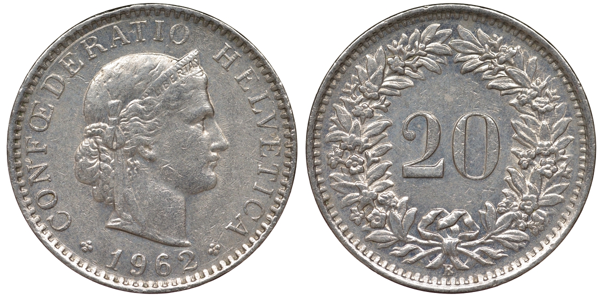 Швейцария 20 раппенов 1962 B KM 29a медно-никель 62-717