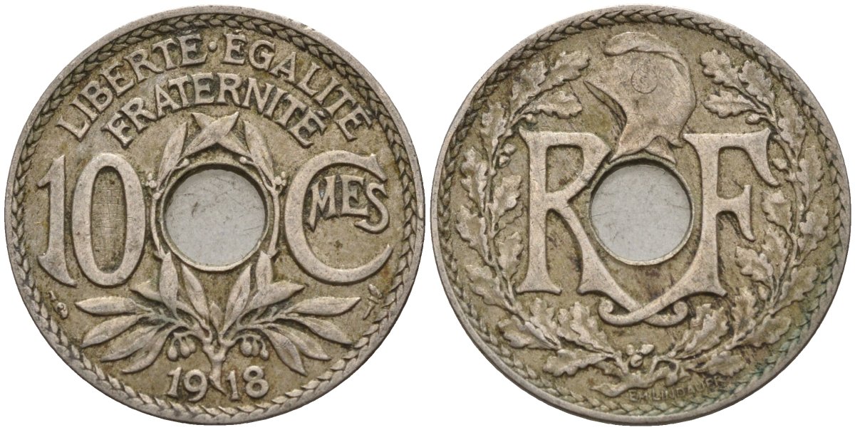 Франция 10 сантимов 1918 тип Линдайё KM 866a, Le Franc 138.3 медно-никель 4143-834