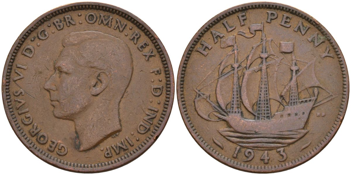 Великобритания 1/2 пенни 1943 Георг VI (1936-1952) KM 844, Spink 4115 бронза 4153-826