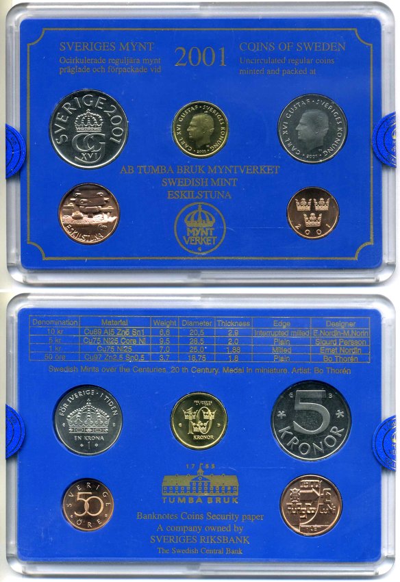 Швеция набор из 4 монет + медаль 2001 в пластике, сертификат Карл XVI Густав (1973- ) KM MS 108 UNC 4-4-1-33