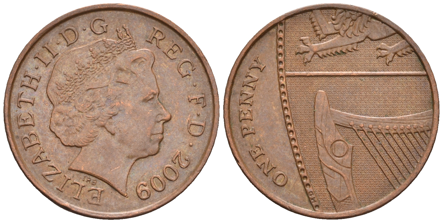 Великобритания 1 пенни 2009 Елизавета II (1952-2022) KM 1107, Spink B6 сталь плакированная медью 4609-663