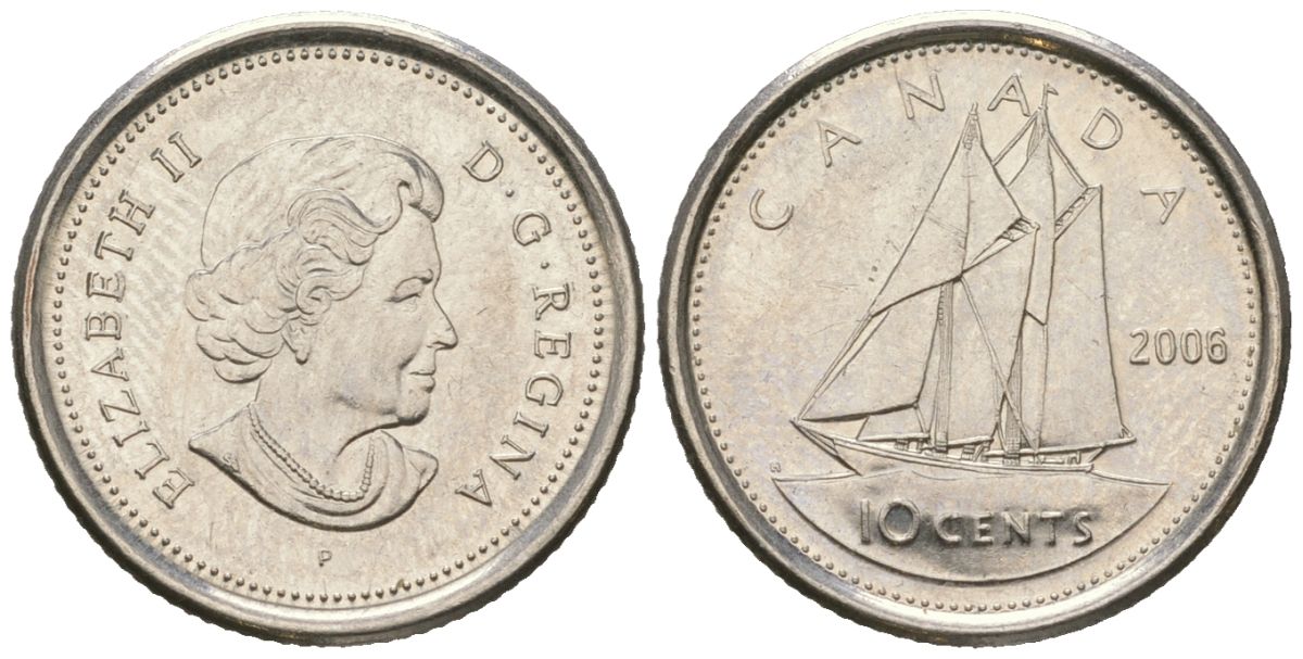 Канада 10 центов 2006 P, Елизавета II (1952-2022), парусник KM 492 сталь плакированный никелем UNC 4381-968