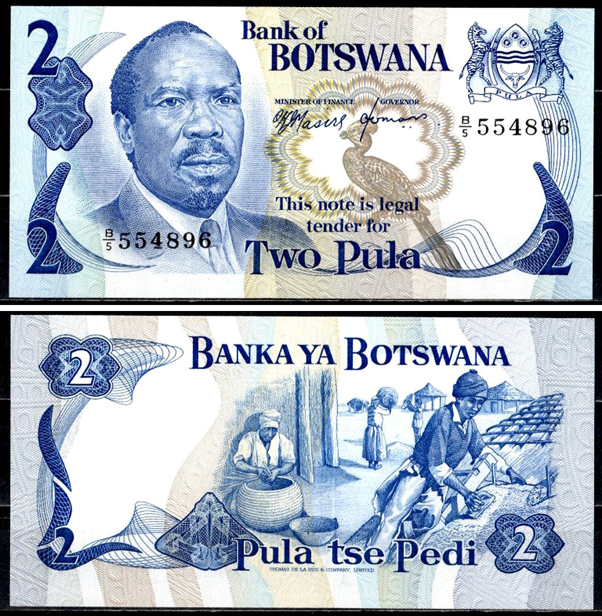 Ботсвана 2 пула ND (1976) Президент сэр Серетсе Кхама, серая птица-отходница (Corythaixoides concolor) Pick 2 бумага UNC (пресс) 451-735-3