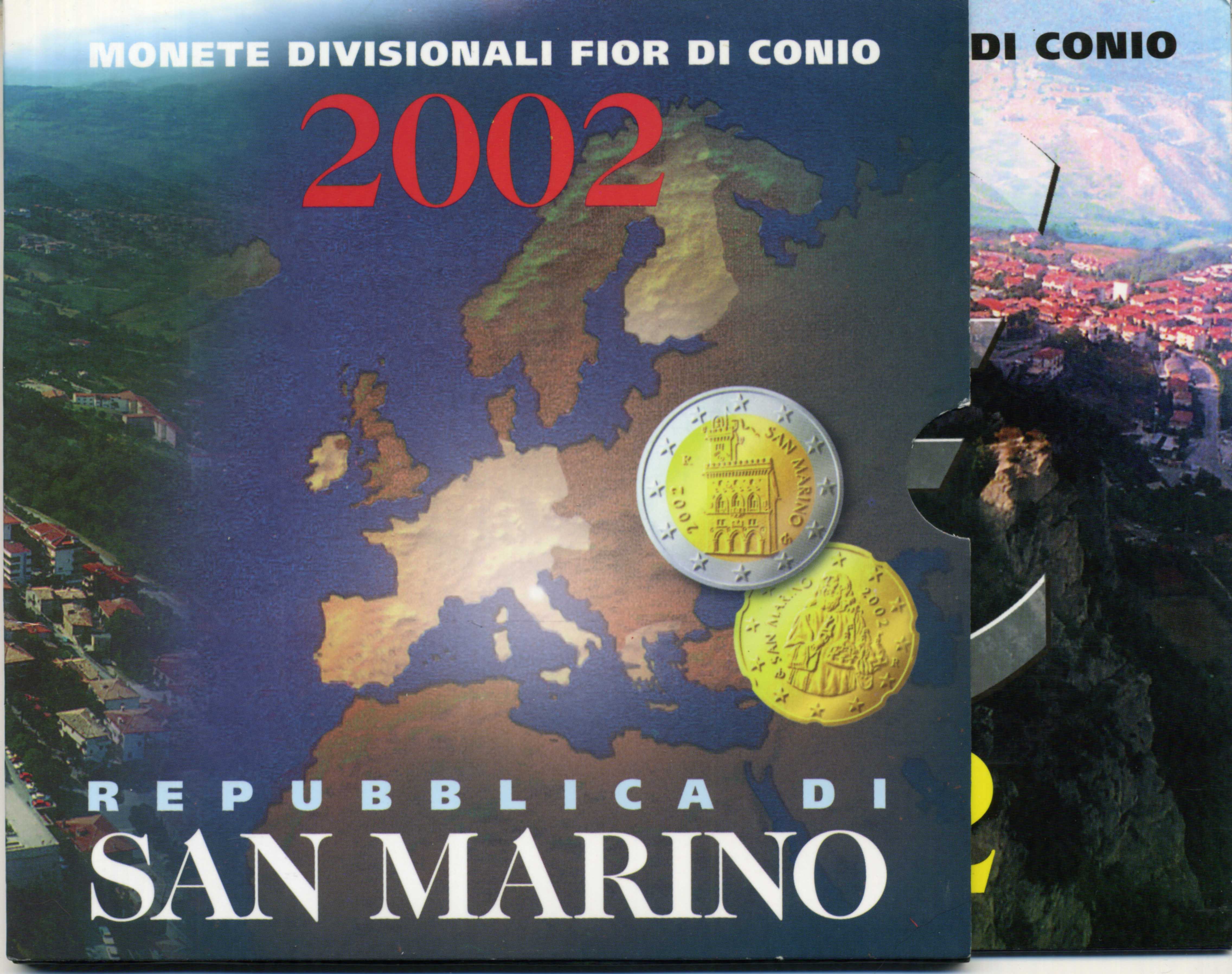 Сан-Марино евронабор из 8 монет (1, 2, 5, 10, 20 и 50 евроцентов; 1 и 2 евро) 2002 первый год выпуска, в оригинальной упаковке KM 440, 441, 442, 443, 444, 445, 446, 447 сталь плакированная медью, нордик и биметалл UNC 7-4-1-51