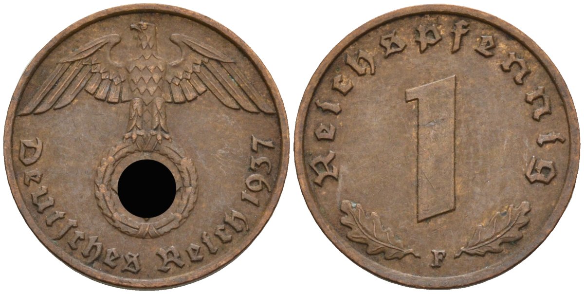 Германия 1 рейхспфенниг 1937 F KM 89, J 361 бронза 4136-1161