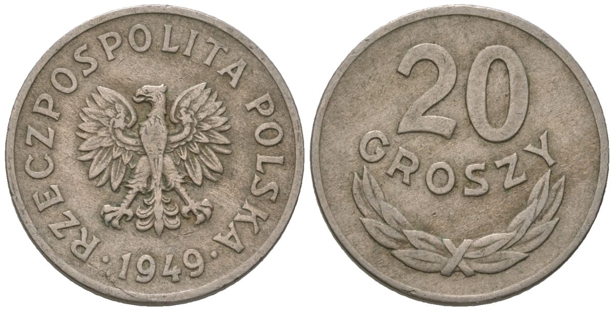 Польша 20 грошей 1949 KM 43а, Parchimowicz 207b алюминий 187-1254