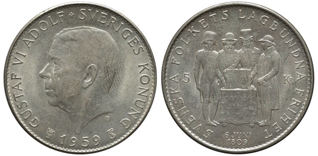 Швеция 5 крон 1959 TS, Густав VI Адольф (1950-1973), 150 лет акта о Правительстве 1809 года KM 830 серебро UNC 4386-324