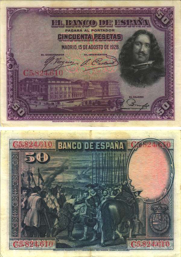 ИСПАНИЯ 50 ПЕСЕТ 1928 15 АВГУСТА 1928, СЕРИЯ С 5824610, МУЗЕЙ ПРАДО В МАДРИДЕ, ПЕДРО ВЕЛАСКЕС Pick 75а бумага XF 7552-66-2-1