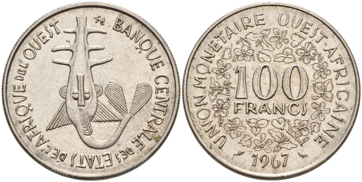 Валютный Союз стран Западной Африки 100 франков 1967 KM 4 никель 4575-1135