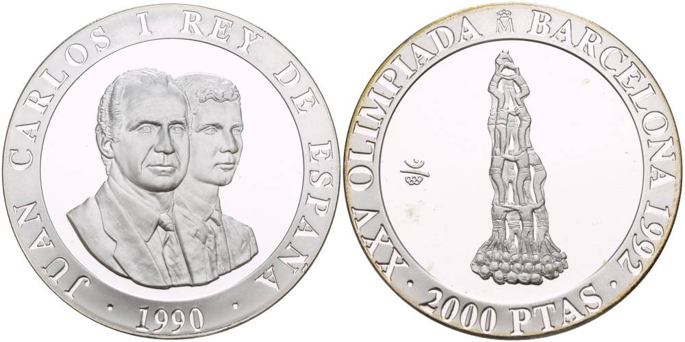 Испания 2000 песет 1990 XXV летние Олимпийские игры 1992 года в Барселоне, гимнастическая пирамида KM 863 серебро PROOF 1088-10-53