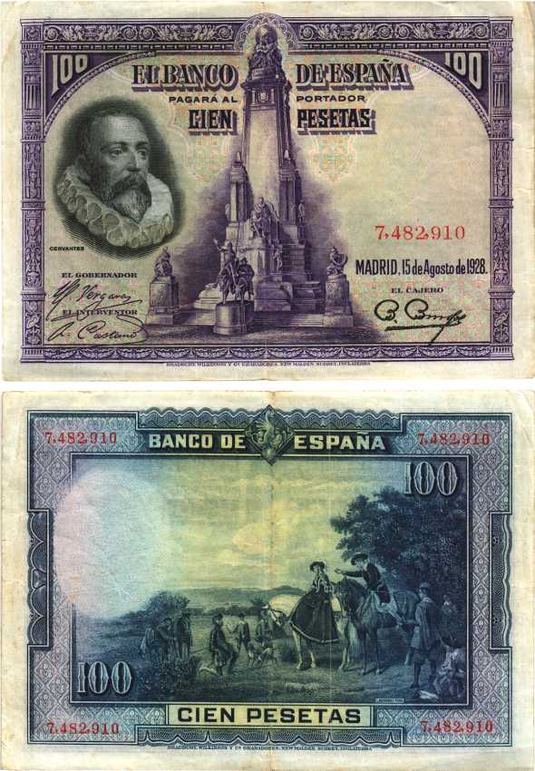 Испания 100 песет 1928 Мигель де Сервантес Сааведра, памятник Сервантесу, картина Дон Кихот Pick 76 а бумага 7219-25-2-1