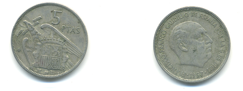 Испания 5 песет 1957 (67) Франсиско Франко (1939-1975) KM 786 медно-никель 83-244