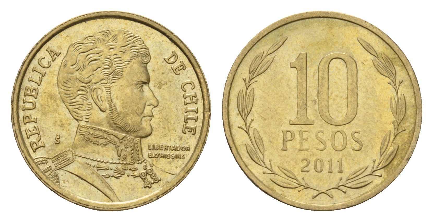 Чили 10 песо 2011 KM 228 никель латунь 4674-462