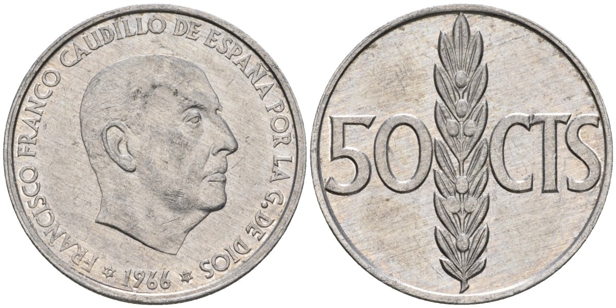 Испания 50 сентимо 1966 (73) Франсиско Франко (1939-1975) KM 795 алюминий 4398-757
