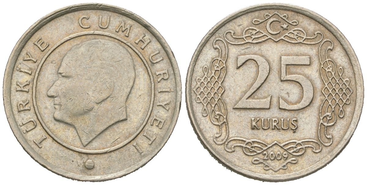 Турция 25 курушей 2009 Кемаль Ататюрк KM 1242 медно-никель 4621-628