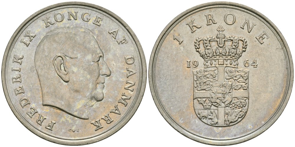 Дания 1 крона 1964 Фредерик IX (1947-1972) KM 851.1 медно-никель 4579-321